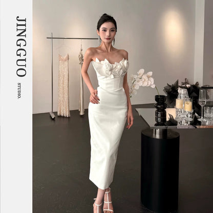 【JINGGUO Luxury】Niche Design 3D Floral Elegant Strapless Slim Fit Elegant Gown Dress 7463