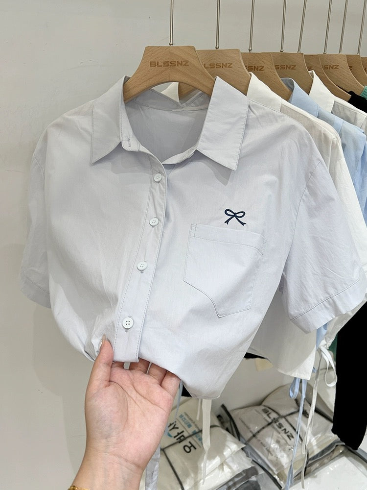 Embroidered polo collar white right shoulder short-sleeved shirt for women 2024 new summer design loose shirt top trendy