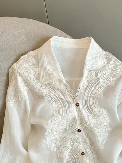 Korean-style long-sleeved shirt featuring intricate lace paneling and a collared neckline—a stylish, relaxed-fit choice for summer workwear or casual outings.