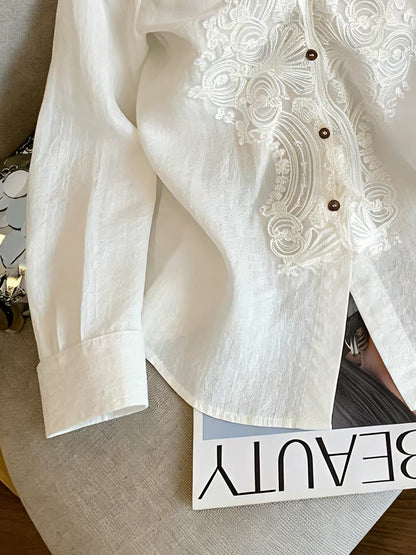Korean-style long-sleeved shirt featuring intricate lace paneling and a collared neckline—a stylish, relaxed-fit choice for summer workwear or casual outings.
