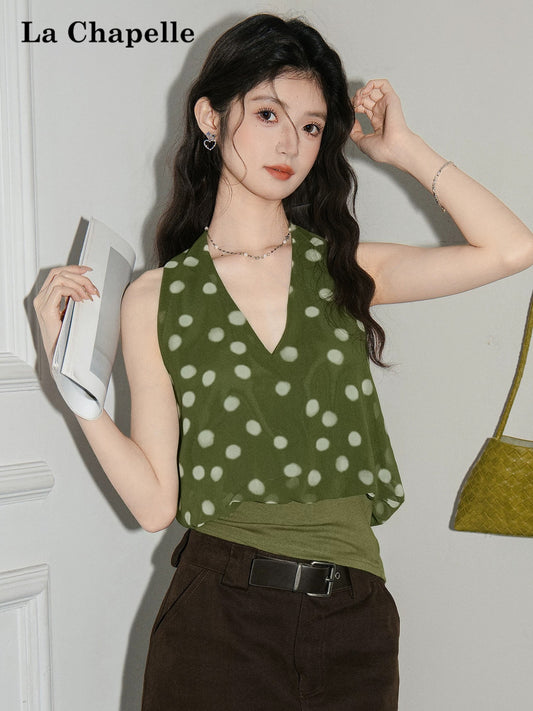 La Chapelle Sweetheart Polka Dot Halter Neck Flower Tulip Vest Top Women's 2026 Summer Slimming Hot Girl Backless Top