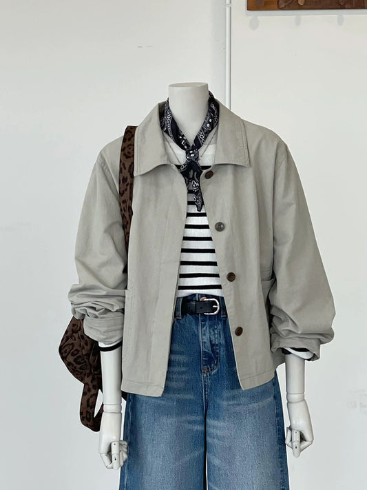 CHAO-level recommendation! Top autumn outfit ~ Korean style light gray lapel short outdoor casual sports windbreaker jacket