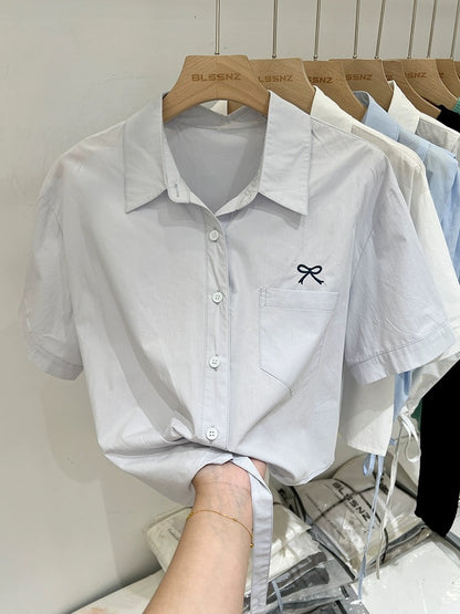 Embroidered polo collar white right shoulder short-sleeved shirt for women 2024 new summer design loose shirt top trendy