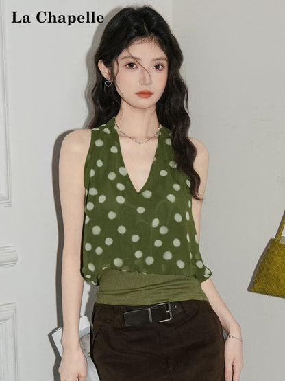 La Chapelle Sweetheart Polka Dot Halter Neck Flower Tulip Vest Top Women's 2026 Summer Slimming Hot Girl Backless Top
