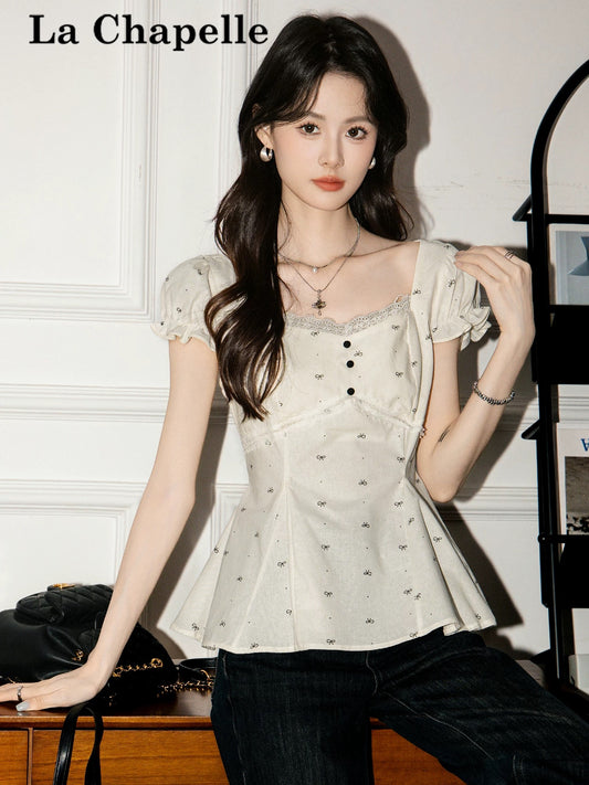 La Chapelle Sweet Lace Bow Puff Sleeve V-Neck Short Sleeve Shirt Women's 2026 Summer New Shirt Top