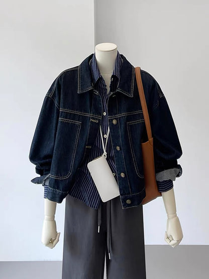 CHAO-level recommendation! Hong Kong style retro navy blue chest large pocket design layered loose workwear denim jacket