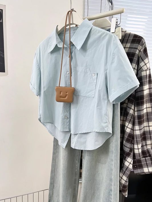 Blue right shoulder short-sleeved shirt for women summer 2024 new design niche French petite shirt top