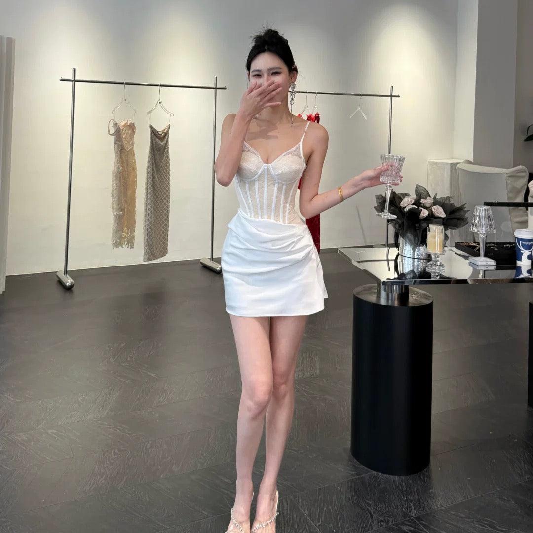 【JINGGUO Luxury】Niche Design, French Sexy Lace Fishbone Waist-Cinching Slip Dress 7553