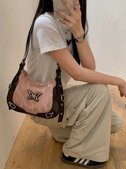 SYOUR 2024 New American Retro Butterfly Contrast Color Rivet Motorcycle Niche Commuting Textured Single Shoulder Crossbody Bag