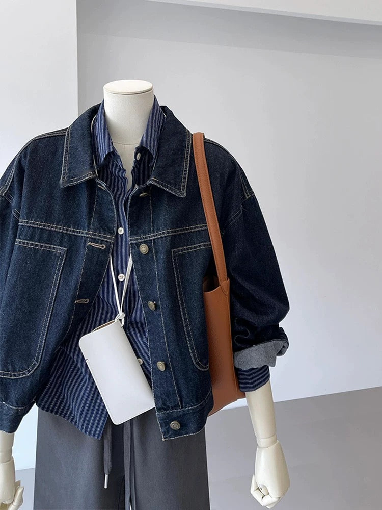 CHAO-level recommendation! Hong Kong style retro navy blue chest large pocket design layered loose workwear denim jacket
