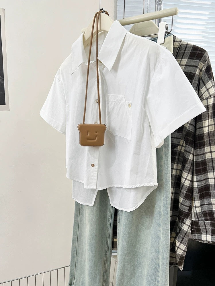 Blue right shoulder short-sleeved shirt for women summer 2024 new design niche French petite shirt top