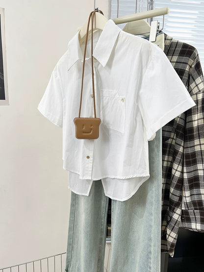 Blue right shoulder short-sleeved shirt for women summer 2024 new design niche French petite shirt top