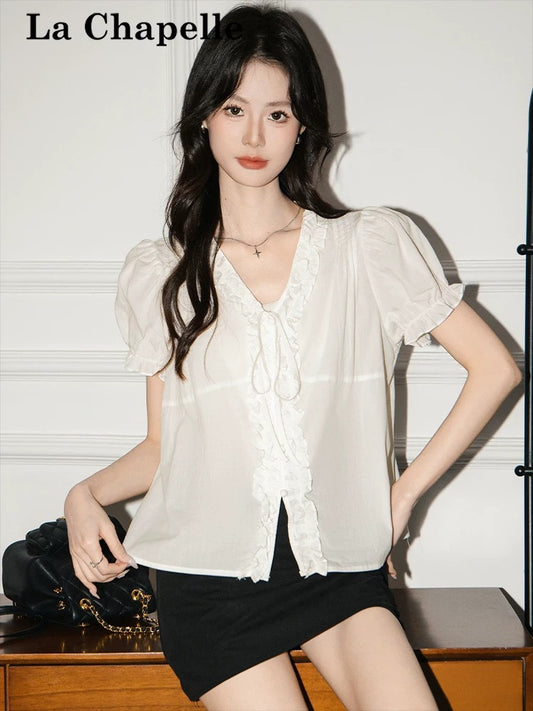 La Chapelle French-style ruffled tie V-neck short-sleeved shirt for women, 2025 summer new loose babydoll top trendy