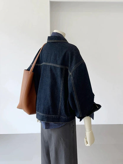 CHAO-level recommendation! Hong Kong style retro navy blue chest large pocket design layered loose workwear denim jacket