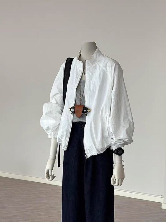 CHAO-level recommendation! Spring new product ~ Korean style white stand-up collar simple light loose baseball jacket