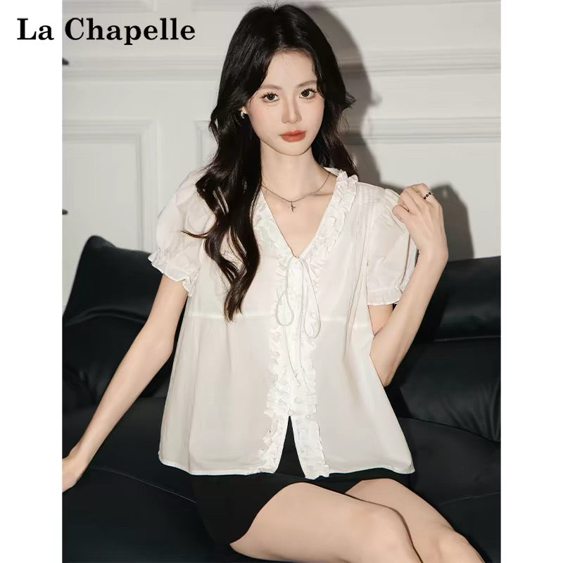 La Chapelle French-style ruffled tie V-neck short-sleeved shirt for women, 2025 summer new loose babydoll top trendy