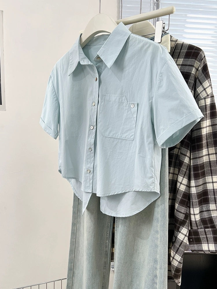 Blue right shoulder short-sleeved shirt for women summer 2024 new design niche French petite shirt top