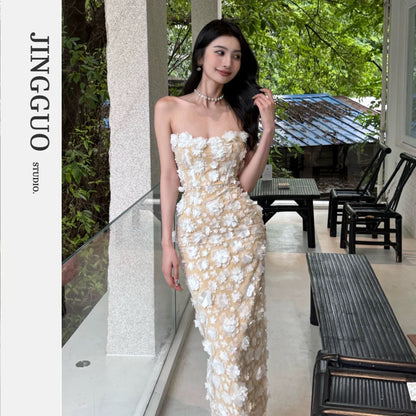 【JINGGUO Luxury】Niche Design, French High-End Elegance, Three-Dimensional Floral Strapless Dress 7362
