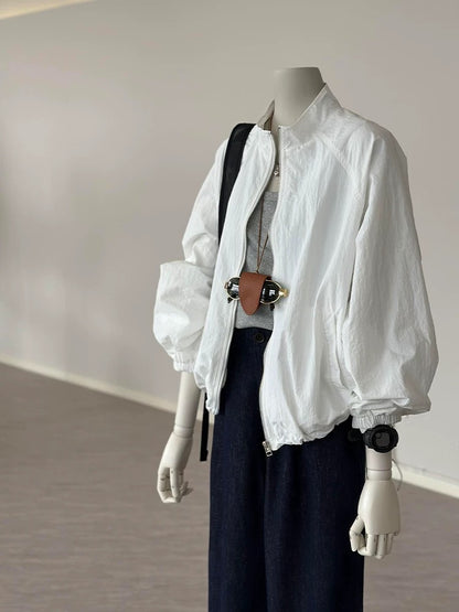 CHAO-level recommendation! Spring new product ~ Korean style white stand-up collar simple light loose baseball jacket