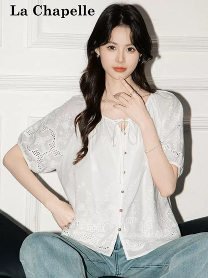 La Chapelle White Bow Tie Hollow-out Short-sleeved Shirt Women's Design Shirt Loose Slimming Top Summer