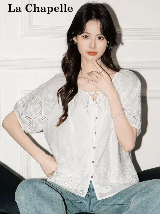 La Chapelle White Bow Tie Hollow-out Short-sleeved Shirt Women's Design Shirt Loose Slimming Top Summer