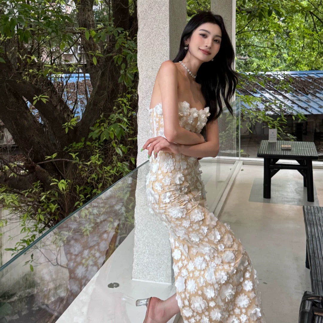 【JINGGUO Luxury】Niche Design, French High-End Elegance, Three-Dimensional Floral Strapless Dress 7362