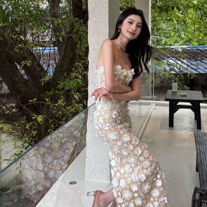 【JINGGUO Luxury】Niche Design, French High-End Elegance, Three-Dimensional Floral Strapless Dress 7362