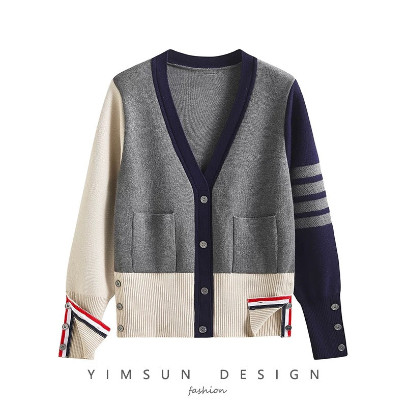 tbb college style classic four-stripe knitted cardigan for women 2021 autumn v-neck color-blocked thin long-sleeved sweater jacket