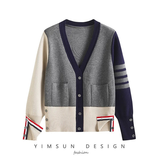 tbb college style classic four-stripe knitted cardigan for women 2021 autumn v-neck color-blocked thin long-sleeved sweater jacket