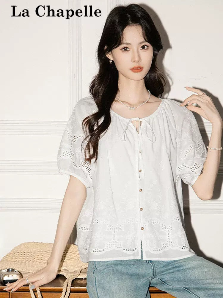 La Chapelle White Bow Tie Hollow-out Short-sleeved Shirt Women's Design Shirt Loose Slimming Top Summer