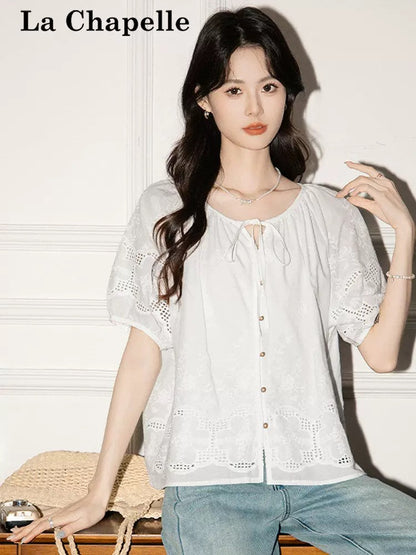La Chapelle White Bow Tie Hollow-out Short-sleeved Shirt Women's Design Shirt Loose Slimming Top Summer