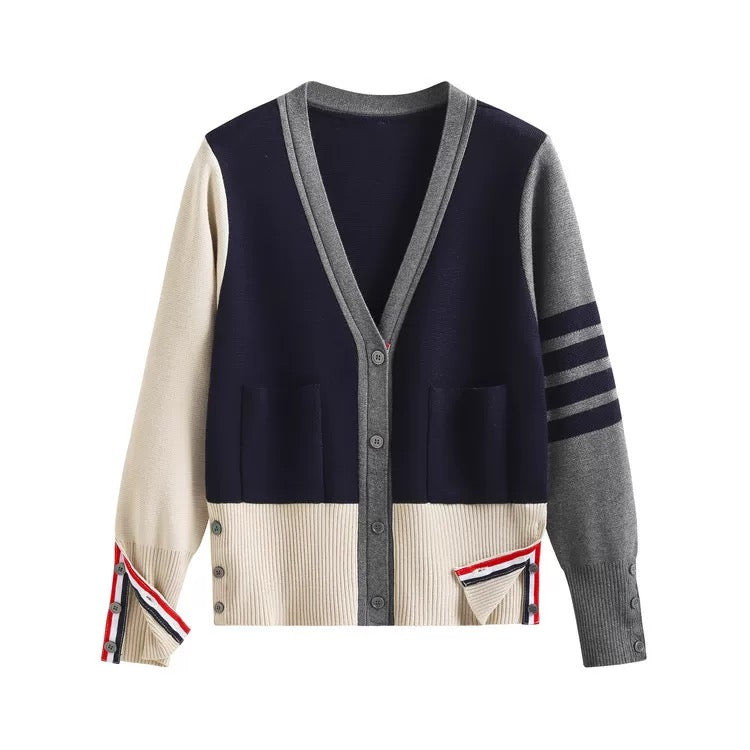 tbb college style classic four-stripe knitted cardigan for women 2021 autumn v-neck color-blocked thin long-sleeved sweater jacket