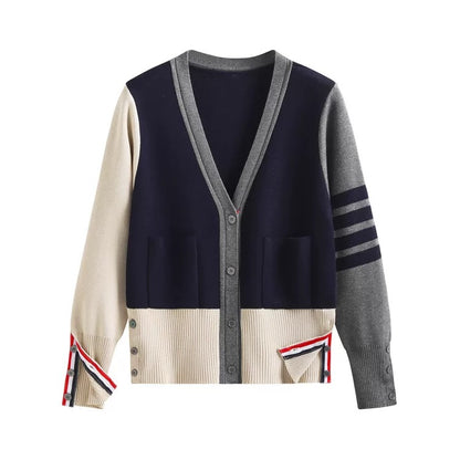 tbb college style classic four-stripe knitted cardigan for women 2021 autumn v-neck color-blocked thin long-sleeved sweater jacket