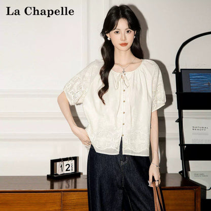 La Chapelle White Bow Tie Hollow-out Short-sleeved Shirt Women's Design Shirt Loose Slimming Top Summer