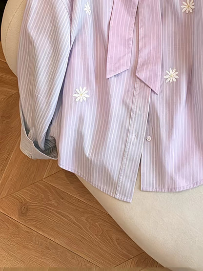 Women's French-style striped shirt featuring bow embroidery—a new summer arrival with a loose, flattering fit that exudes elegance and a youthful vibe.