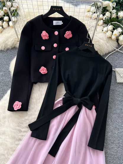 French-style elegant two-piece women's suit jacket with three-dimensional floral design and long-sleeved mesh dress.