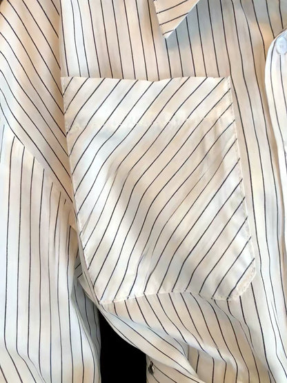 French-style striped long-sleeve shirt with a polo collar—a stylish, slimming, tie-waist top suitable for men and women in spring and autumn.
