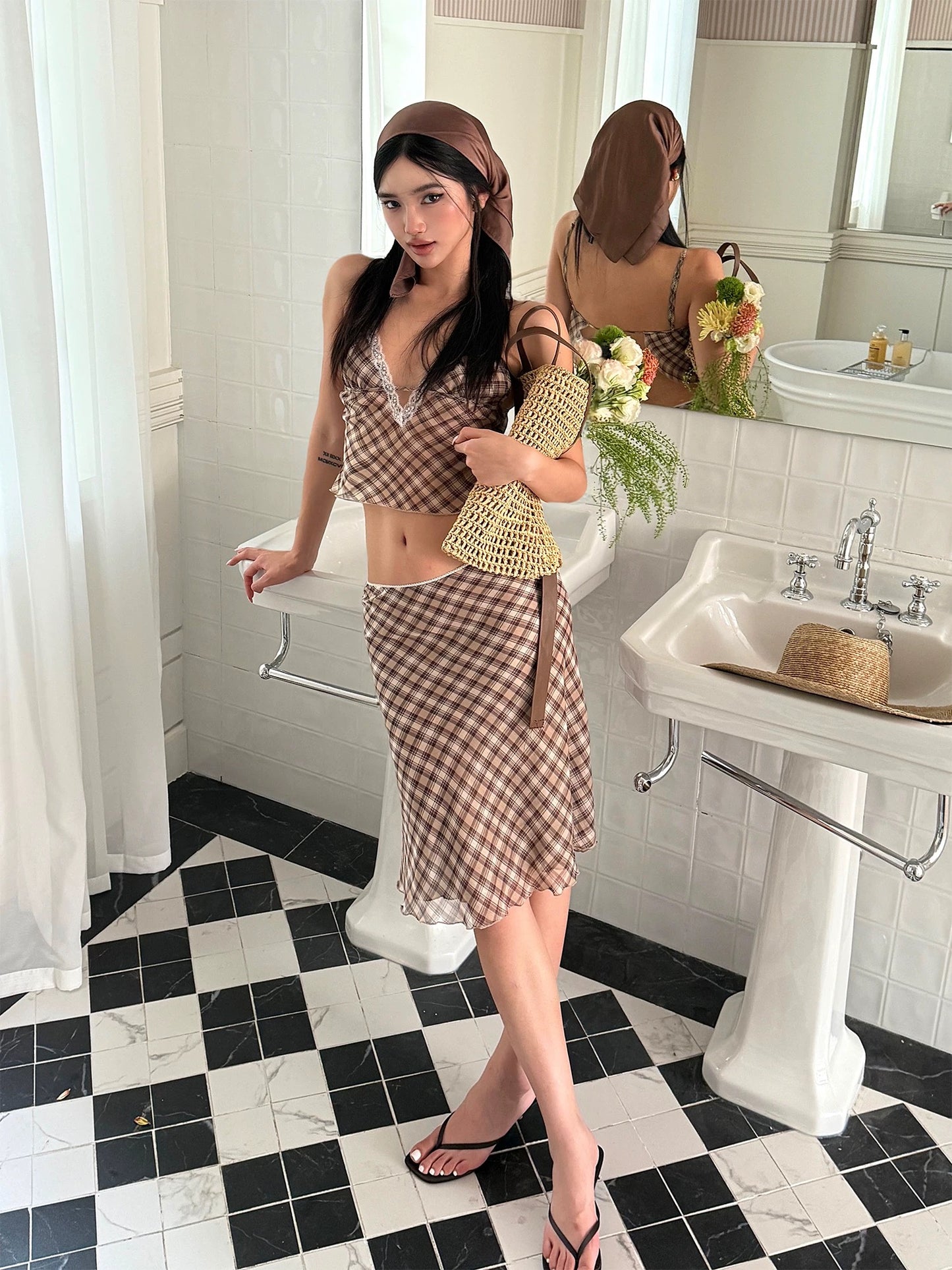 Rovente Mandy Estate Brown Plaid Suit for Women, Summer Thin Sexy V-neck Camisole Skirt