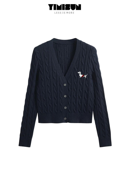Puppy embroidered twist v-neck long-sleeved short college style right-shoulder knitted cardigan for women slim fit versatile sweater jacket
