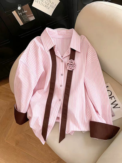 Women's pink long-sleeve shirt featuring a stylish color-block striped panel design, a classic collar, and a youthful, casual look—perfect for layering in spring and autumn.