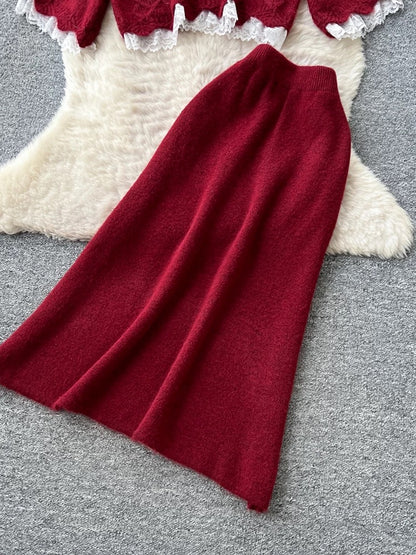 Gentle and sweet Korean style autumn two-piece set with bow, featuring a sweater and high-waisted skirt.