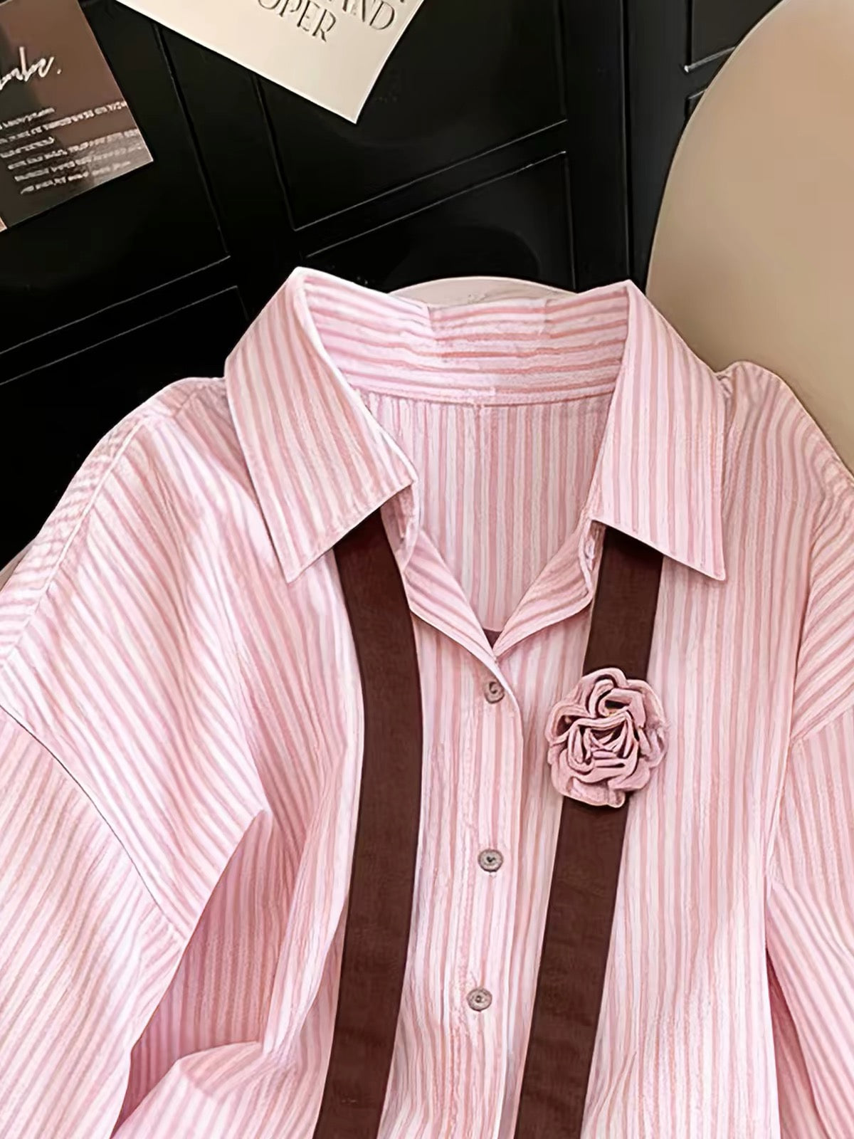 Women's pink long-sleeve shirt featuring a stylish color-block striped panel design, a classic collar, and a youthful, casual look—perfect for layering in spring and autumn.