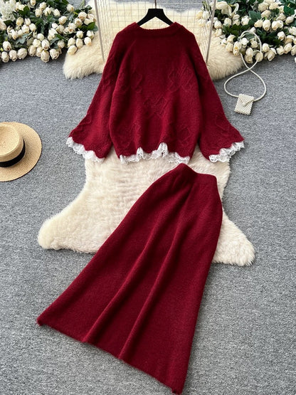Gentle and sweet Korean style autumn two-piece set with bow, featuring a sweater and high-waisted skirt.