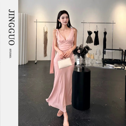 【JINGGUO Luxury】Niche Design V-Neck Elegant Slim Fit Satin Dress 7543