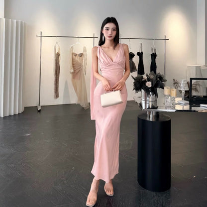 【JINGGUO Luxury】Niche Design V-Neck Elegant Slim Fit Satin Dress 7543