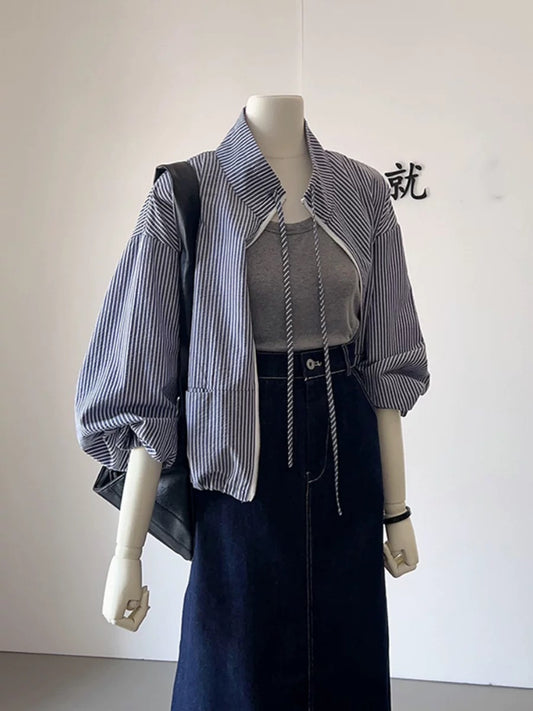 CHAO-level recommendation! The relaxed feeling of autumn ~ Korean striped stand-up collar zipper jacket for women's casual jacket