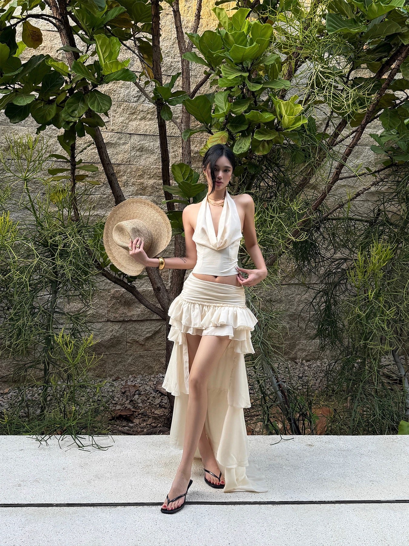 Rovente apricot ruffled midi skirt, women's summer design, low-waisted tiered skirt, sexy French style floor-length mini skirt.