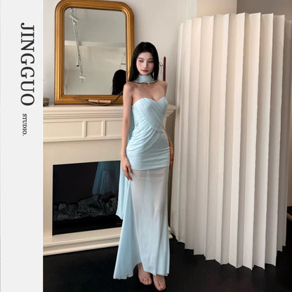 【JINGGUO Luxury】Niche Design, French Sexy Strapless Mesh Ribbon Dress 7392