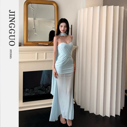 【JINGGUO Luxury】Niche Design, French Sexy Strapless Mesh Ribbon Dress 7392