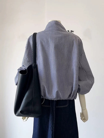 CHAO-level recommendation! The relaxed feeling of autumn ~ Korean striped stand-up collar zipper jacket for women's casual jacket